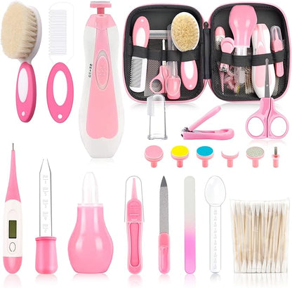 Infant Grooming Essentials: Electric Safety Nail Trimmer, Nasal Aspirator, Hair Brush, Comb, Nail Clipper (27 Piece Safety Care Set for Newborns - Pink)