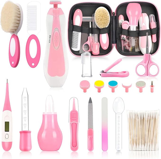 Infant Grooming Essentials: Electric Safety Nail Trimmer, Nasal Aspirator, Hair Brush, Comb, Nail Clipper (27 Piece Safety Care Set for Newborns - Pink)