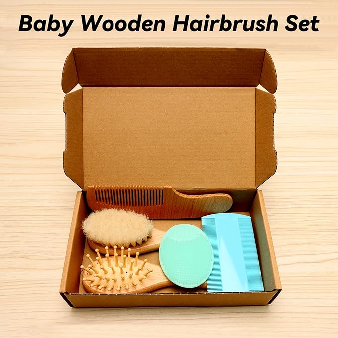 Goat Baby Hair Brush Set, Wooden Comb Massage Scalp Comb