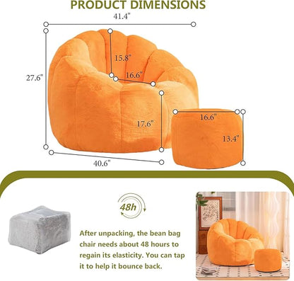 Giant Bean Bag Chair with Foot Pedals, Oversized Bean Bag Couch for Adults and Kids, Faux Fur Shell-Shaped Large Bean Bag Chair with Filler, Pumpkin Shape Sofa Chair Floor Sofa for Reading (Orange)