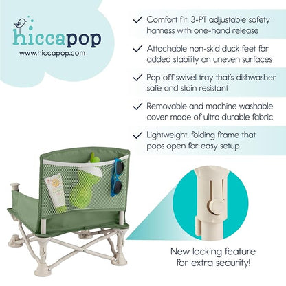 hiccapop OmniBoost Travel Booster Seat with Tray for Baby | Folding Portable Baby Booster Seat for Dining Table, Camping, Beach, Grandma’s | Tip-Free Design Straps to Kitchen Chairs - Booster Chair
