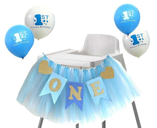 Blue 1st Birthday Boy Baby High Chair Tutu Decoration and