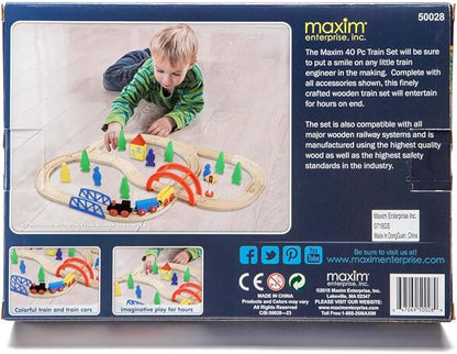 inc. 40 Pc Wooden Train Set, Complete Toy Railway with Straight and Curved Tracks 3+