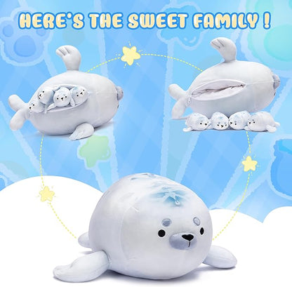 IKASA Mommy Seal Stuffed Animal Mom and Baby Plush Toy, Cute 16" Soft Small Mama Family Set Cuddly Toy with Little Mini Babies