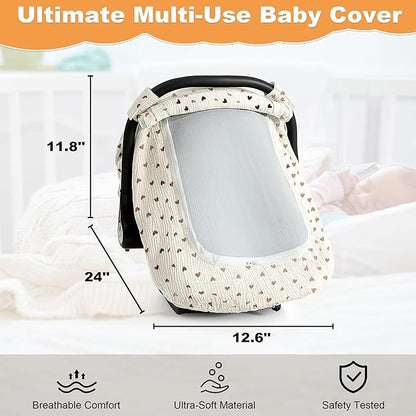 Muslin Cotton Car Seat Cover Baby, Universal Fit Carseat Cover for Baby, Infant Car Seat Cover with Mesh Peep Window, Baby Car Seat Cover for Carrier, Stroller, High Chair, Shopping Cart (Heart)