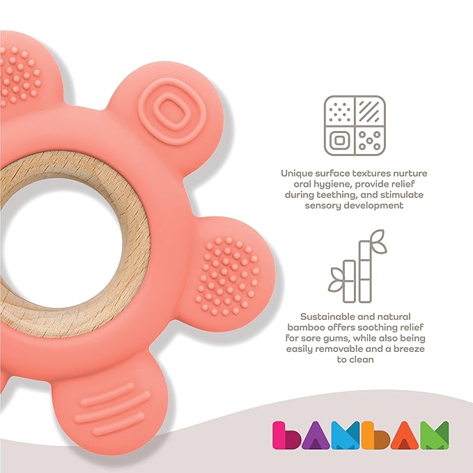 BAMBAM Baby Premium Silicone Teething Ring Toy – 100% BPA Free, Child Safety Tested, for Baby & Infant 0-6, 3-6 and 6-12 Months Teether Toys – Flora The Flower (Apricot Splash)