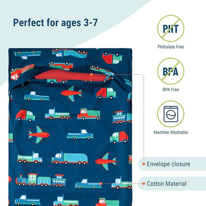 Wildkin Kids Nap Mat Cover for Boys & Girls, Sewn-in Flap Design Rest Mat Cover, Perfect for Preschool and Daycare, Fits Our Vinyl Nap Mat up to 1.5 Inches Including Basic Sleep Mat (Transportation)