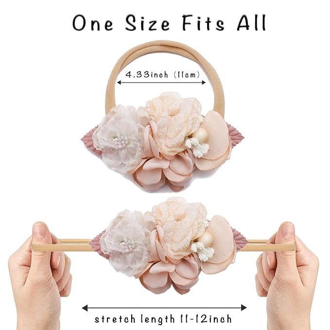 Delicate Floral Headbands Set for Girls - 3pcs Elastic Nylon Pearl Hair Bands, Soft & Stretchy Accessories for Infants