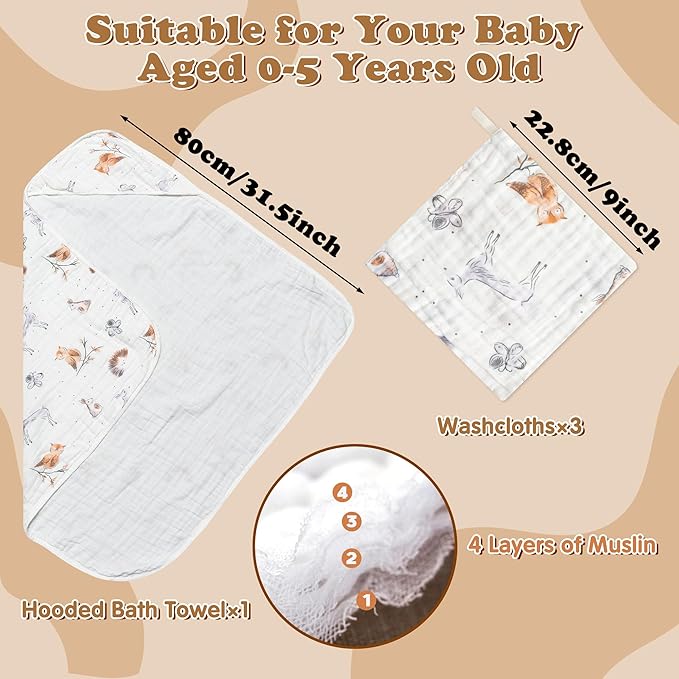 Zainpe 4Pcs Muslin Baby Hooded Towel & Washcloth Set Owl 31.5 x 31.5 in