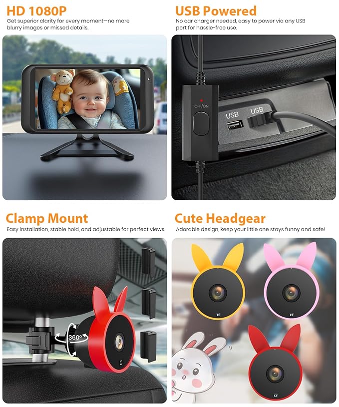 4.5'' HD 1080P USB Car Baby Camera with Night Vision, 360° Adjustable Rear-Facing Mirror,Plug & Play Vehicle Backup Monitor for Child Safety