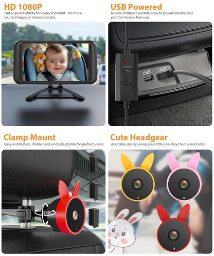4.5'' HD 1080P USB Car Baby Camera with Night Vision, 360° Adjustable Rear-Facing Mirror,Plug & Play Vehicle Backup Monitor for Child Safety