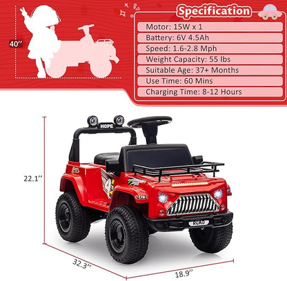 Hetoy 6V Ride On Car for Toddlers - Battery Powered Electric Car for Kids with Music, LED Light 4 Wheels 3-6 Years,