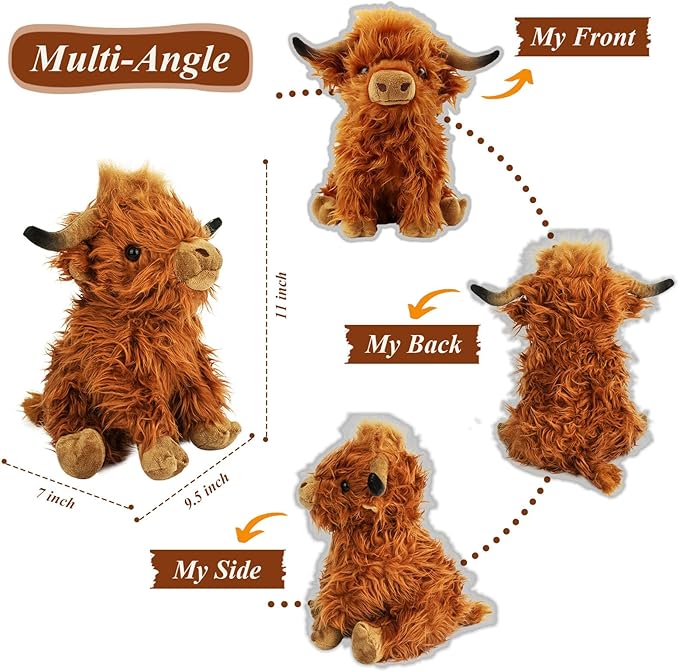 Stuffed Animals Highland Cows Cute Stuff Fluffy Cattle Dolls Skeleton (11 inches,Brown)