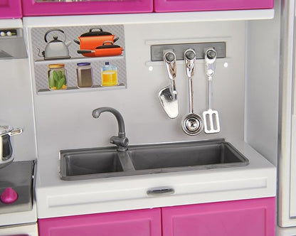 PowerTRC Doll Kitchen Play Set, Mini Modern Toy Pink Kitchen Pretend Furnitures Toy Set Accessories Set with Realistic Light & Sound for Kids Toddlers Girls (4-in-1 w/ 11.5” Doll)
