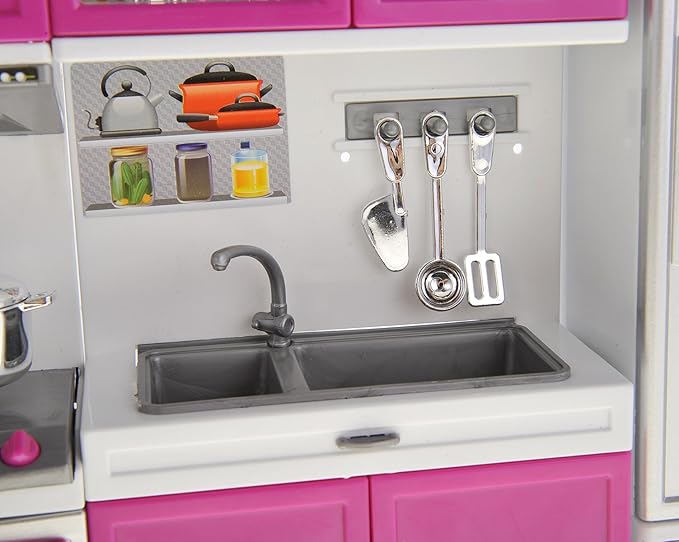 PowerTRC Doll Kitchen Play Set, Mini Modern Toy Kitchen Pretend Play Furnitures Toy Set Accessories Set with Realistic Light & Sound for Kids Toddlers Girls (4-in-1)