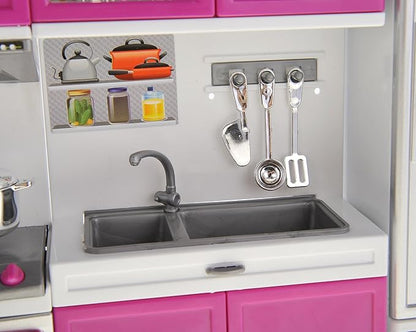 PowerTRC Doll Kitchen Play Set, Mini Modern Toy Kitchen Pretend Play Furnitures Toy Set Accessories Set with Realistic Light & Sound for Kids Toddlers Girls (4-in-1)