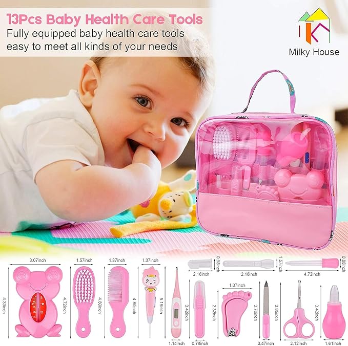 Baby Healthcare and Grooming Kit, 13 in 1 Newborn Nursery Health Care Set, Baby Grooming Kit for Boys & Girls, Portable Baby Healthcare Set with Comb, Nail Clipper, Brush, etc, Baby Shower Gifts