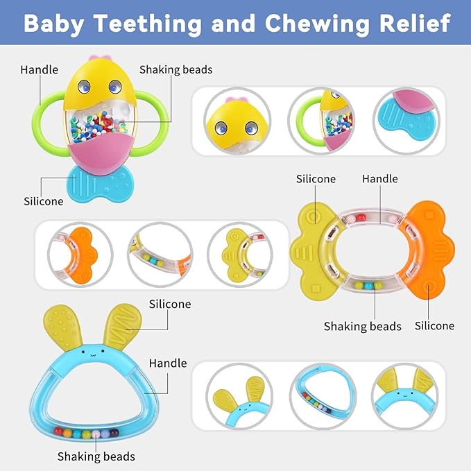 MOONTOY Baby Rattles Teether Set Toys for 0 1 2 3 4 5 6 7 8 9 10 11 12 9PCS Baby 0-3-6-12 Month