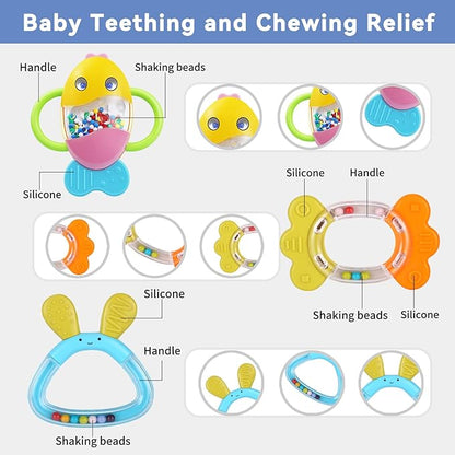 MOONTOY Baby Rattles Teether Set Toys for 0 1 2 3 4 5 6 7 8 9 10 11 12 9PCS Baby 0-3-6-12 Month