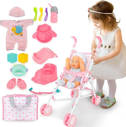 deAO Baby Doll Stroller Set with 13 inch Doll,Kids Play Stroller Toys 13" Baby Stroller,18 PCS 2 Sets