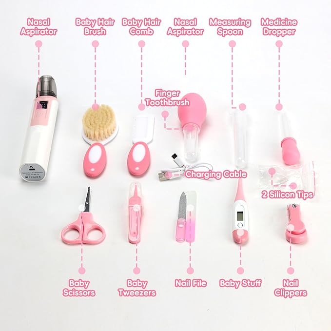 Baby Grooming Kit, Infant Safety Care Set with Baby Nose Aspirator，Baby Hair Brush Comb Nail Clipper Nasal Aspirator,Baby Essentials Kit for Newborn Girls Boys (17 Pc Pink Kit)