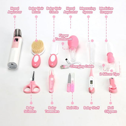 Baby Grooming Kit, Infant Safety Care Set with Baby Nose Aspirator，Baby Hair Brush Comb Nail Clipper Nasal Aspirator,Baby Essentials Kit for Newborn Girls Boys (17 Pc Pink Kit)