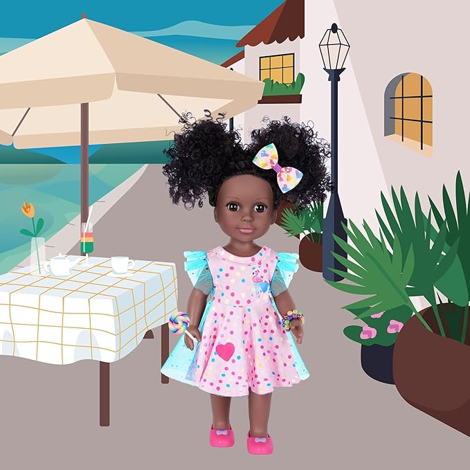 Black Dolls 14.5 Inch Baby Girl Doll with Clothes and Accessories,African Girl Baby Doll Gift for Girls Kids with Doll Pink Flamingo Theme Dress,Camera,Sunglasses Etc