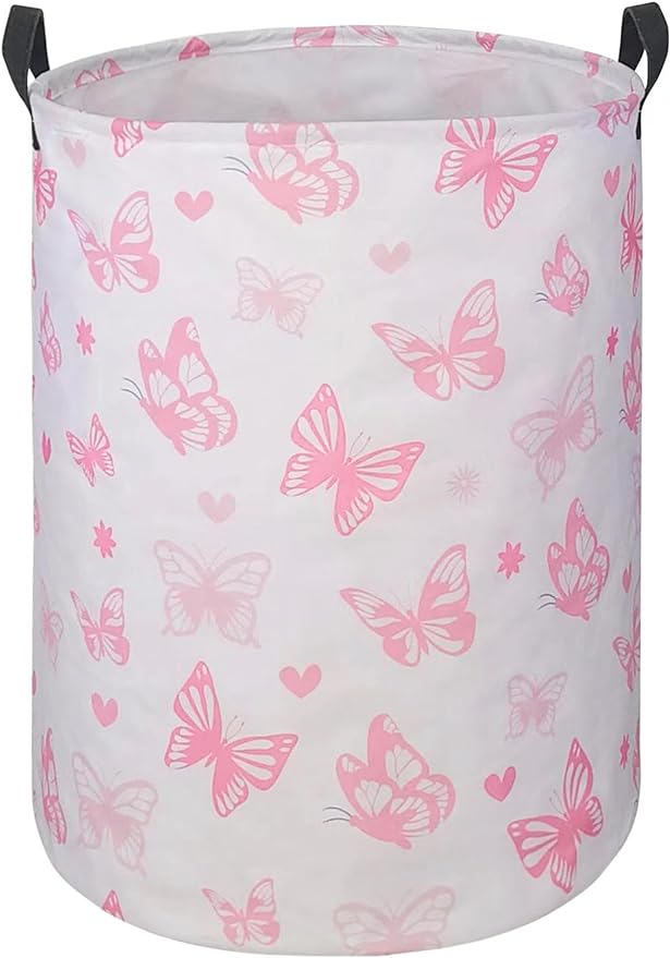 Round Pink Butterfly Laundry Basket for Girls Room Decor, Kids
