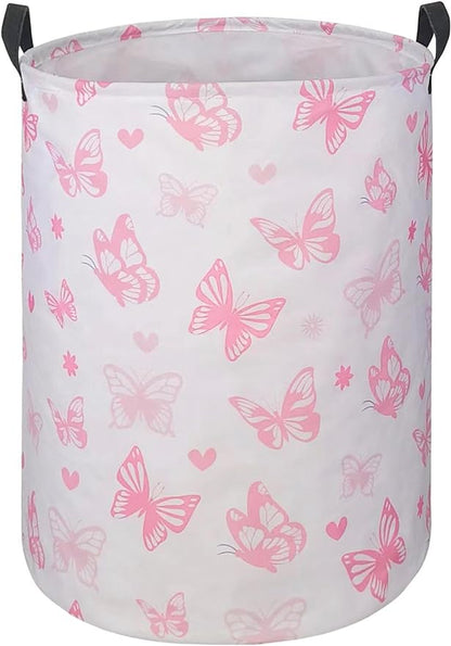 Round Pink Butterfly Laundry Basket for Girls Room Decor, Kids