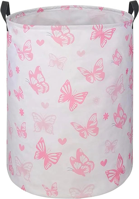 Round Pink Butterfly Laundry Basket for Girls Room Decor, Kids