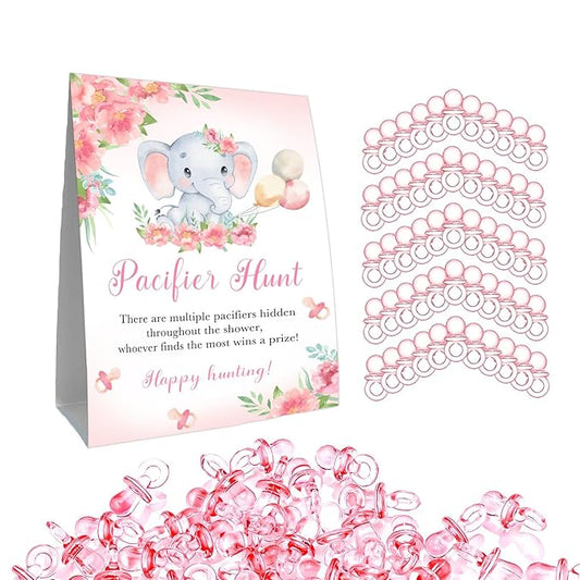 Pacifier Hunt Sign, Mini Pacifiers Baby Shower Game Set 50Pcs Pink 5 * 7IN
