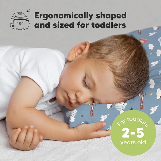 Toddler Pillow with Pillowcase - 13x18 My Little Dreamy Pillow, Organic Cotton Toddler Pillows for Sleeping, Kids Pillow, Travel Pillows, Mini Pillow, Nursery Pillow, Toddler Bed Pillow (Up & Away)
