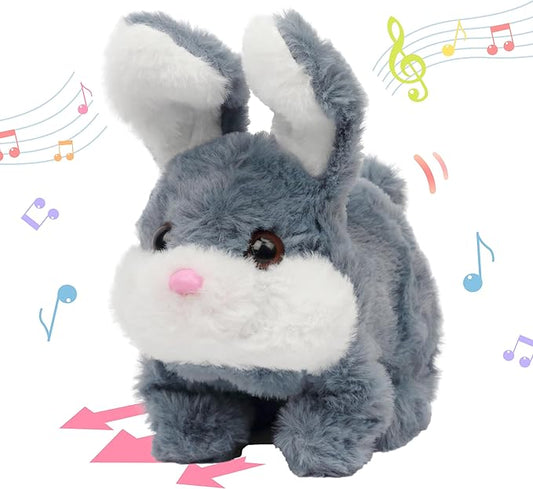 Hopearl Hopping Chubby Rabbit Interactive Electronic Pet Plush Bunny Toy with Sounds and Movements Animated Walking Wiggle Ears Twitch Nose Gift for Toddlers Birthday, Gray 7''