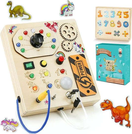 JAMIEWIN Montessori Busy Board with LED Light Switch for Toddlers 1-3, Wooden Sensory Board Travel Toys for Toddlers Baby 1 +