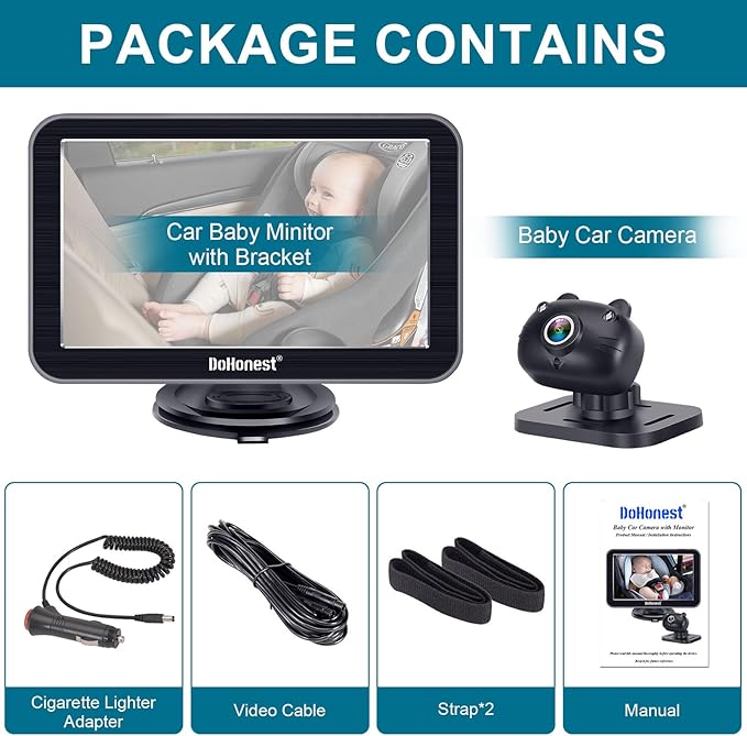DoHonest Baby Car Camera 7-Inch: USB Plug and Play Easy Setup 360 Degree Rotating Backseat Camera Two Kids HD 1080P Rear Facing Car Seat Camera Clear Night Vision -V9 Black