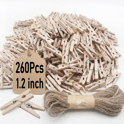 Mini Clothes Pins, 260 PCS Small Wooden Clothes Pins with Jute Twine