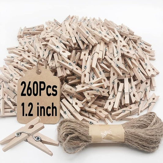 Mini Clothes Pins, 260 PCS Small Wooden Clothes Pins with Jute Twine