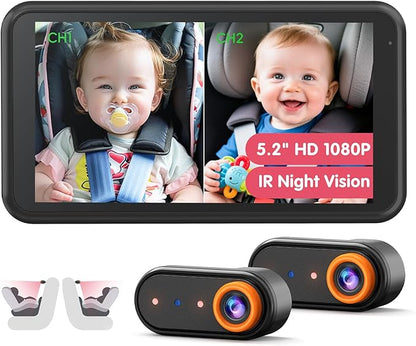 Baby Car Camera – Dual 1080P Rear-Facing Monitor for 2 Kids with 5.2" HD Display, Night Vision, Easy Install & Anti-Shake Mount for Car Seat View