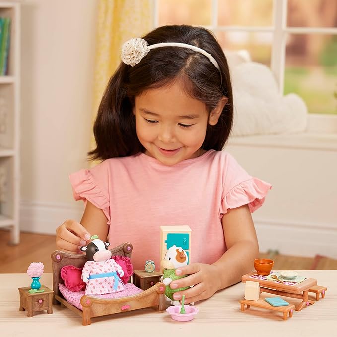 Lil Woodzeez Li'l Woodzeez Bedroom & Dining Playset with 2 Characters – Dollhouse Furniture Set 3 Years