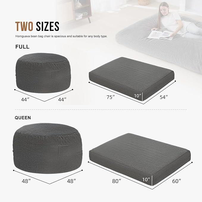 Homguava Corduroy Bean Bag Chair, Variable Shape from Bean Bag to Matress, Convertible Beanbag Chair for Home, Living Room(Grey, Queen)