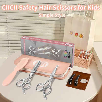 CIICII Kids Hair Cutting Scissors Shears Kit, Safety Round Tip Hairdressing Scissors Set (Hair Trimming Grooming Thinning Shears) for Baby Toddler Children, Hairdresser Home Salon Barber Haircut Kit