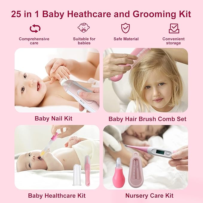 Baby Grooming Kit, 25 in 1 Baby Healthcare and Grooming Kit, Baby Electric Nail Trimmer Set Newborn Nursery Health Care Set for Newborn Infant Toddlers Boys Girls Shower Gifts (0-4 Years+)
