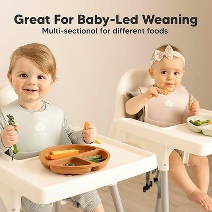 KeaBabies Suction Plates for Baby, Toddler - 3-Pack 100% Silicone Toddler Plates, Divided Baby Plates with Suction, Silicone Plates for Baby, Kids, BPA-Free, Microwave, Dishwasher Safe (Terracotta)