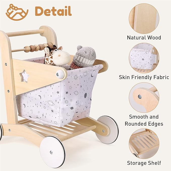 Wooden Baby Walker Doll Stroller | Adjustable Speed Shopping Cart for Toddlers 1-3