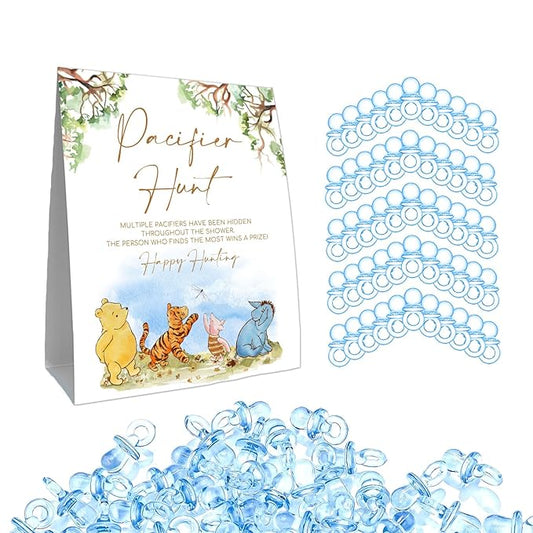 Classic Winnie Pacifier Hunt Sign, Mini Pacifiers Baby Shower Game Set 50Pcs Blue 8 * 10IN