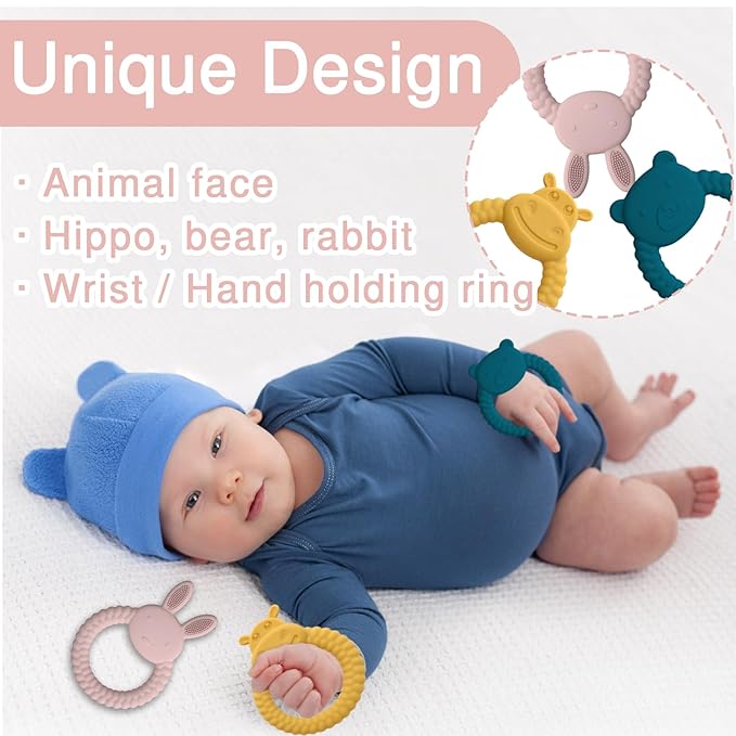 Silicone Teething Toys, Animal Teething Rings 0-6 Months, 3 Pack
