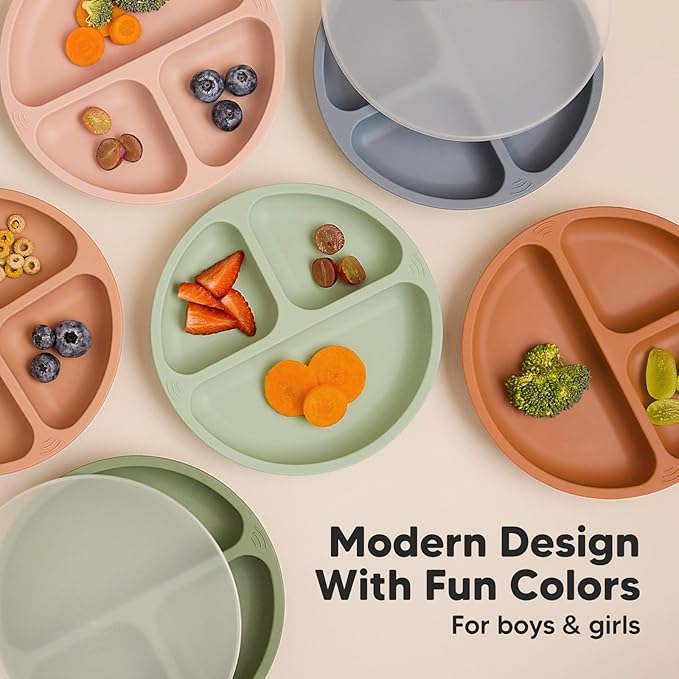 KeaBabies Suction Plates with Lids for Baby - 3-Pack 100% Silicone Suction Plates for Baby, Kids,Toddler Plates,Divided Baby Plates with Suction,Lids, BPA-Free, Microwave, Dishwasher Safe (Terracotta)