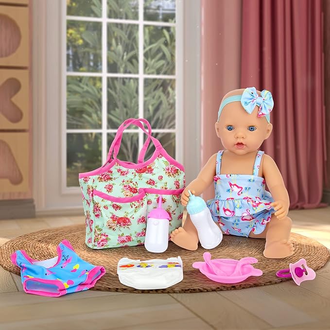 UNICORN ELEMENT 8 Pcs Baby Doll Clothes and Accessories, Baby Doll Feeding and Caring Set with Baby Doll Diaper Bag