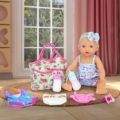 UNICORN ELEMENT 8 Pcs Baby Doll Clothes and Accessories, Baby Doll Feeding and Caring Set with Baby Doll Diaper Bag