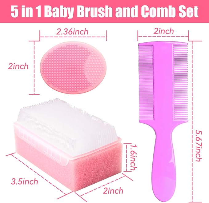 Cradle Cap Brush for Babies, 5Pcs Cradle Cap Treatment Set with Soft Bristle Brushes Silicone Scrubber Long Comb for Newborn Bathing Essentials Baby Brush and Comb Set (Pink)